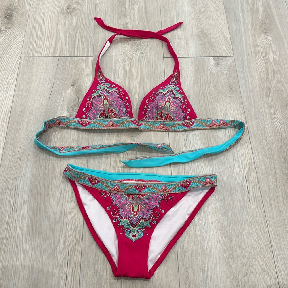 Pink Paisley Triangle Bikini Set with Teal Trim